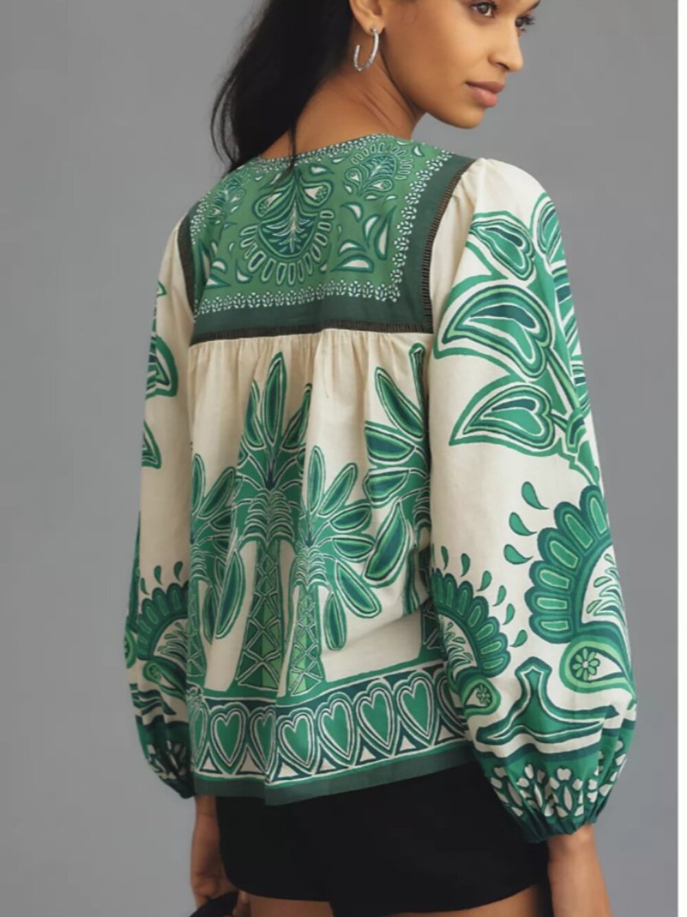 Farm Rio  x Anthropologie Long-Sleeved Printed Linen Swing Blouse Size Medium - Picture 2 of 6